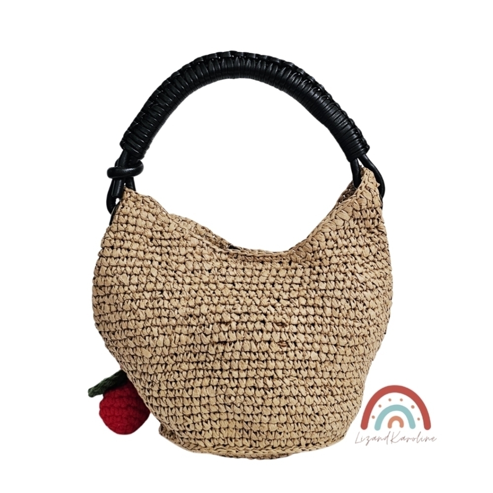 New! Madewell The Camren Mini Bag in Straw with Crochet Cherry Charm - Picture 3 of 11